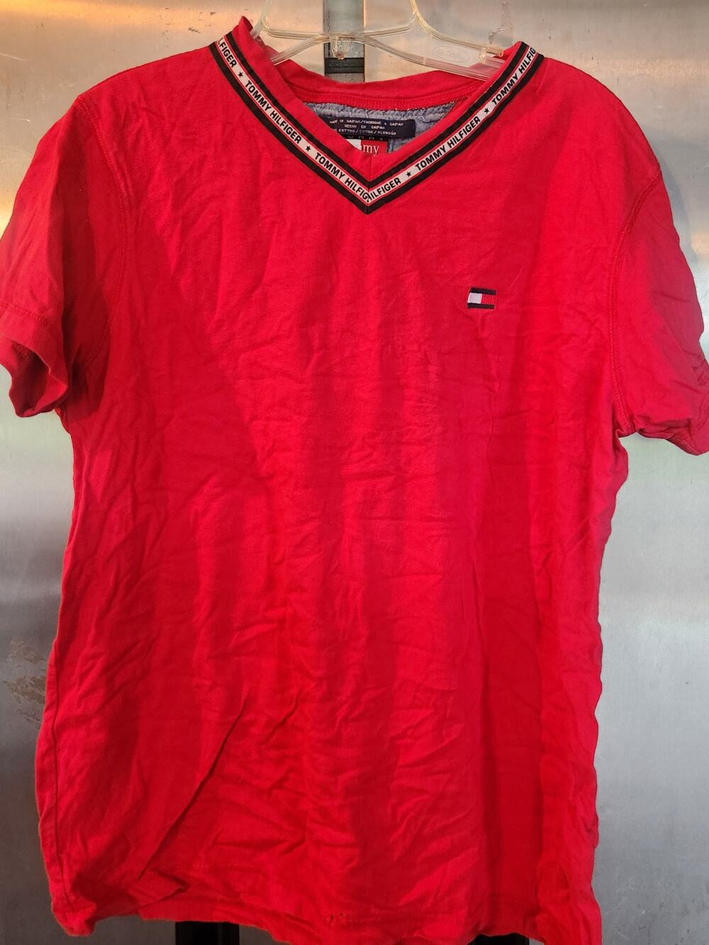Tommy Hilfiger Red Crewneck Tee Tape Logo Trim Mens Size XL